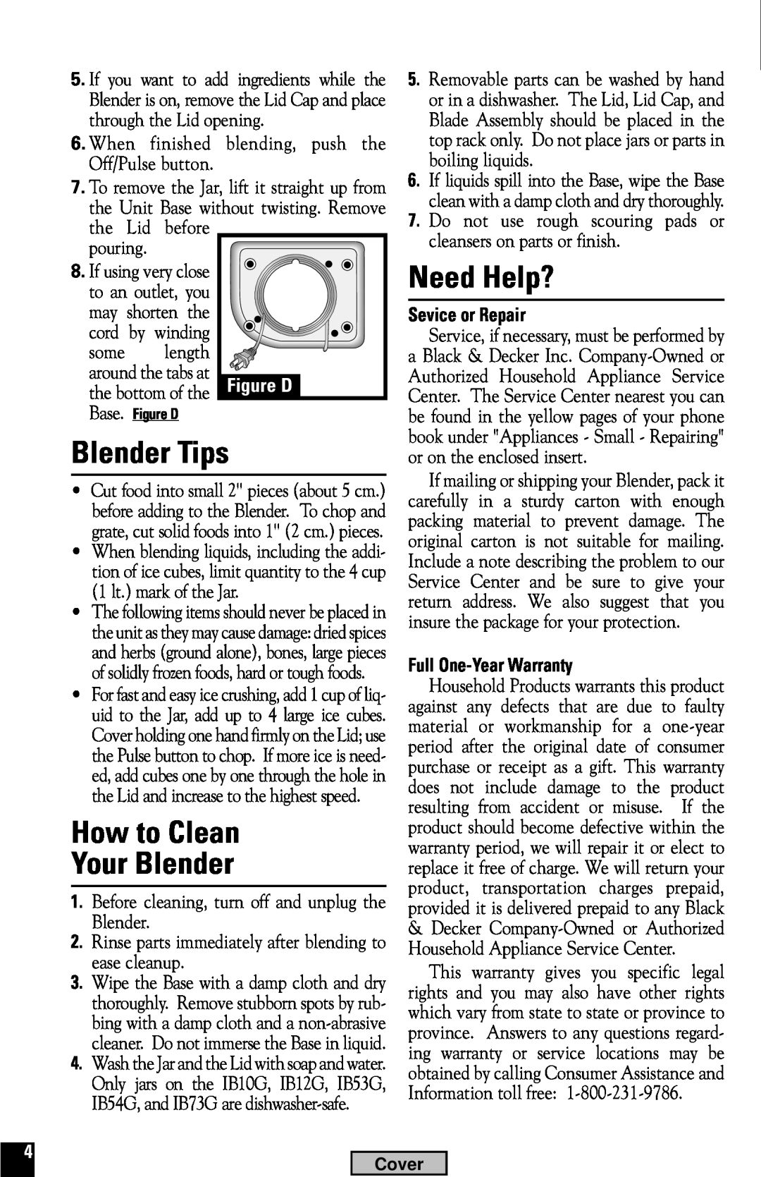 Black & Decker IB74, IB10 Blender Tips, How to Clean Your Blender, Need Help?, Sevice or Repair, Full One-YearWarranty 