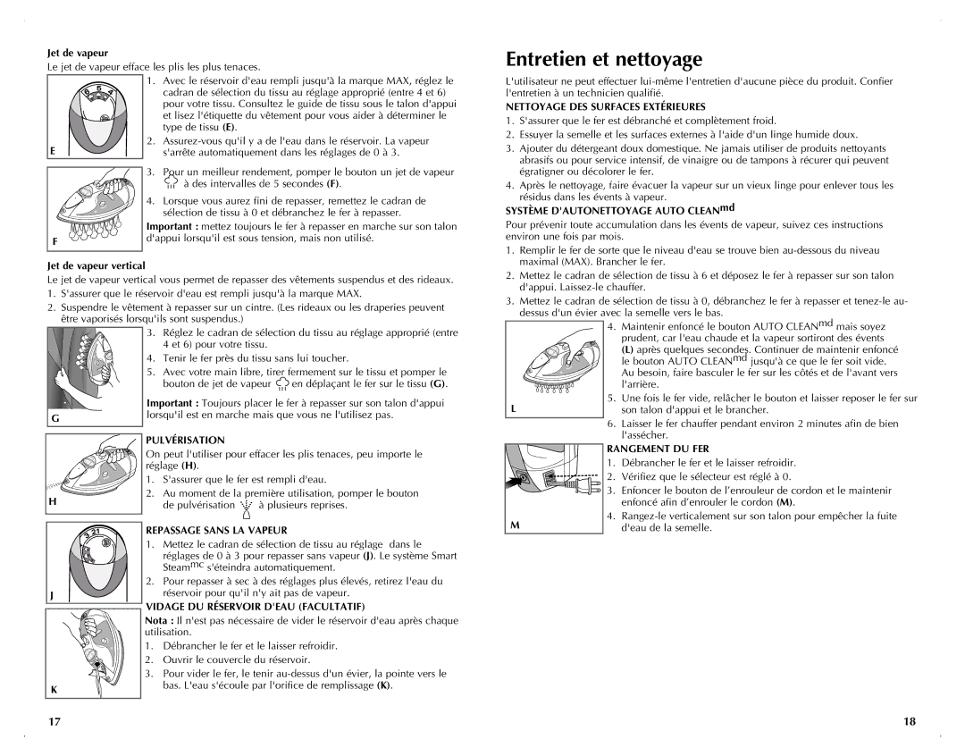 Black & Decker ICR500 manual Entretien et nettoyage, Nettoyage DES Surfaces Extérieures, Pulvérisation, Rangement DU FER 