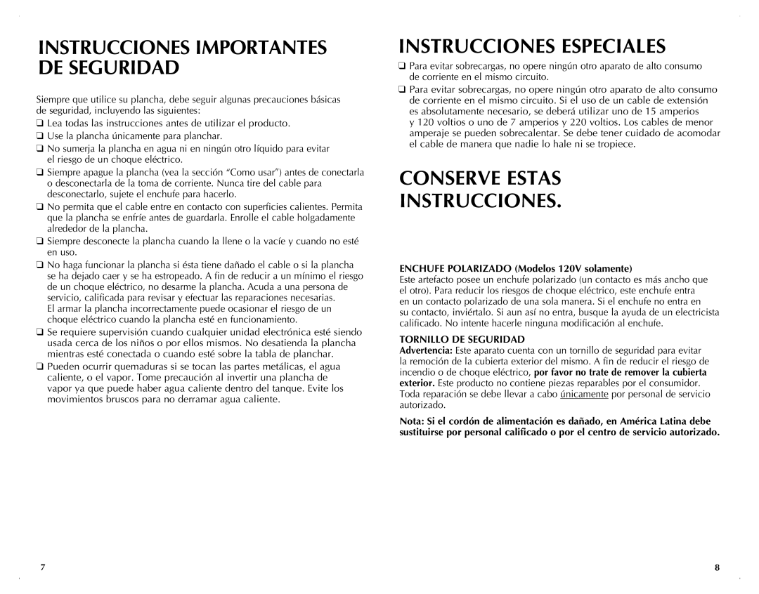 Black & Decker ICR500 Instrucciones Especiales, Conserve Estas Instrucciones, Enchufe Polarizado Modelos 120V solamente 