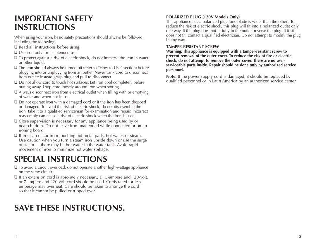 Black & Decker ICR515, ICR510, ICR520 Important Safety Instructions, Special Instructions, Polarized Plug 120V Models Only 