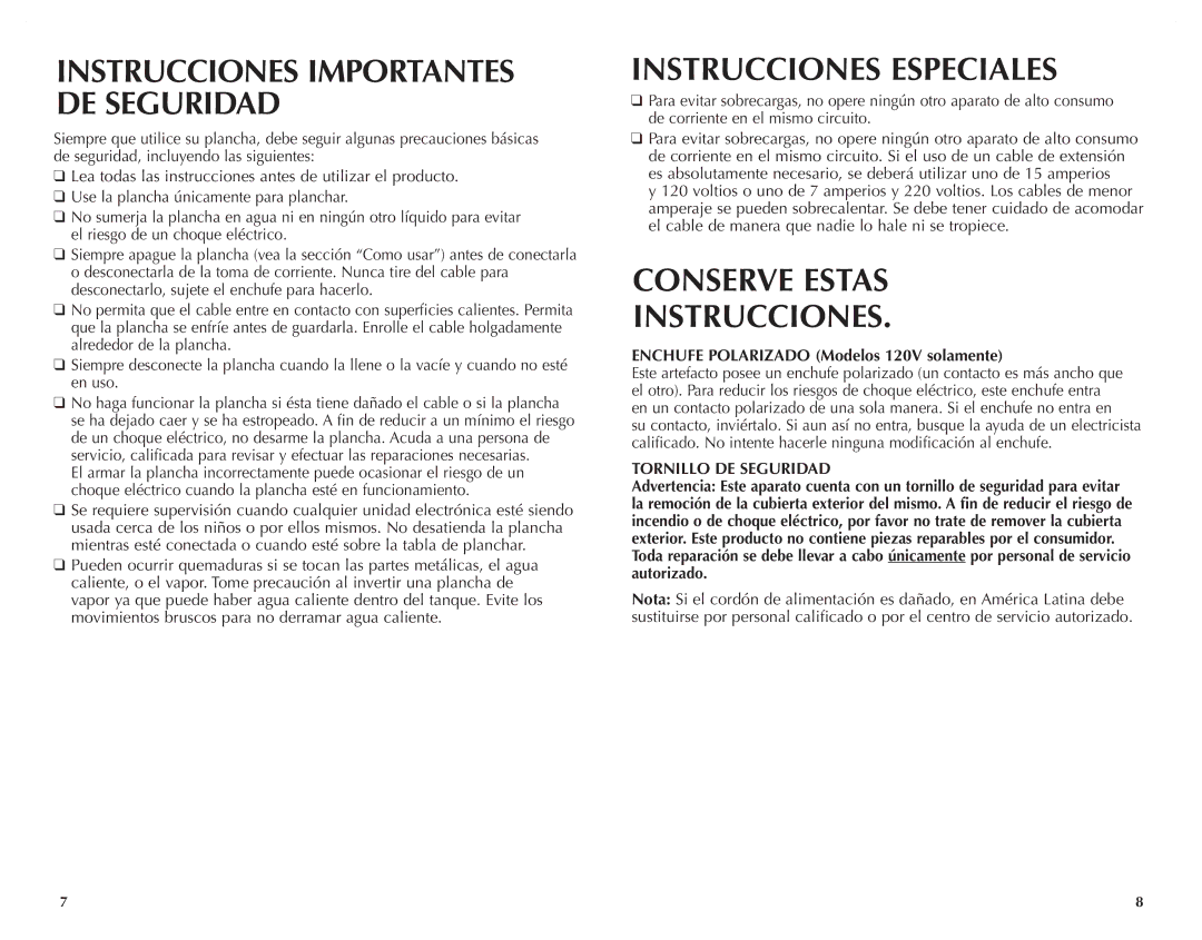 Black & Decker ICR520 Instrucciones Especiales, Conserve Estas Instrucciones, Enchufe Polarizado Modelos 120V solamente 