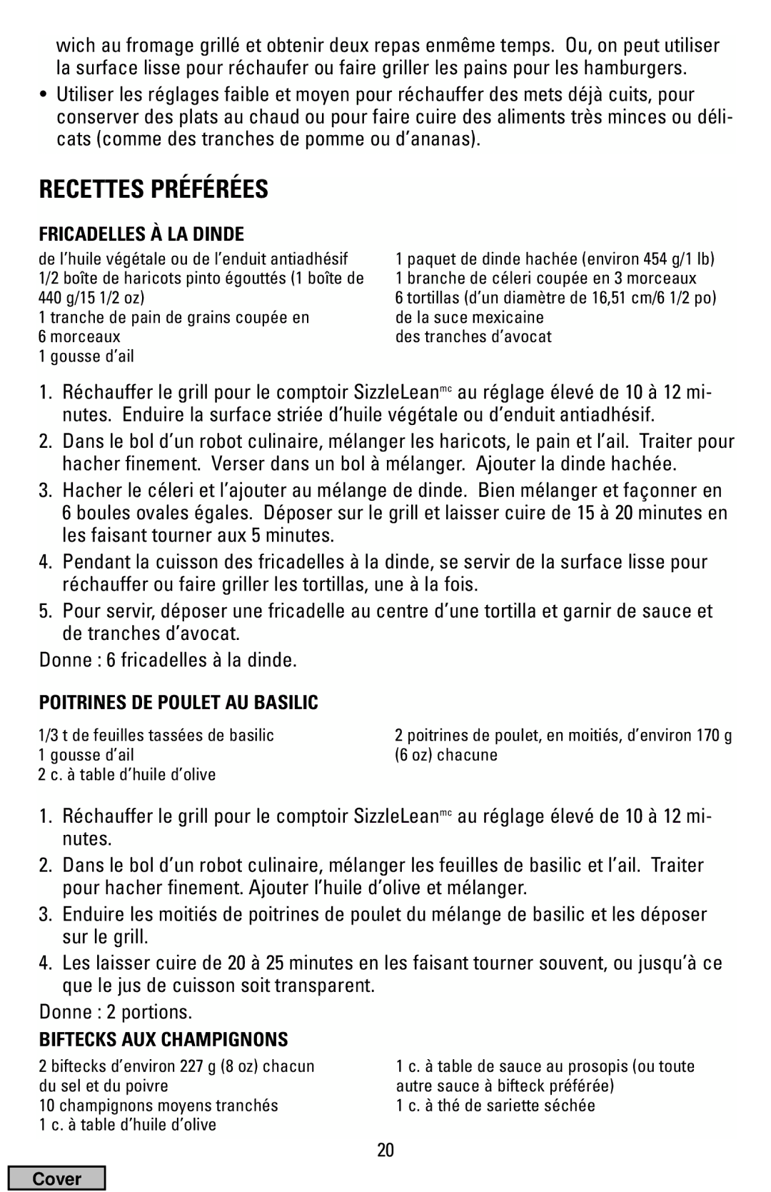 Black & Decker IG100 manual Fricadelles À LA Dinde, Poitrines DE Poulet AU Basilic, Biftecks AUX Champignons 