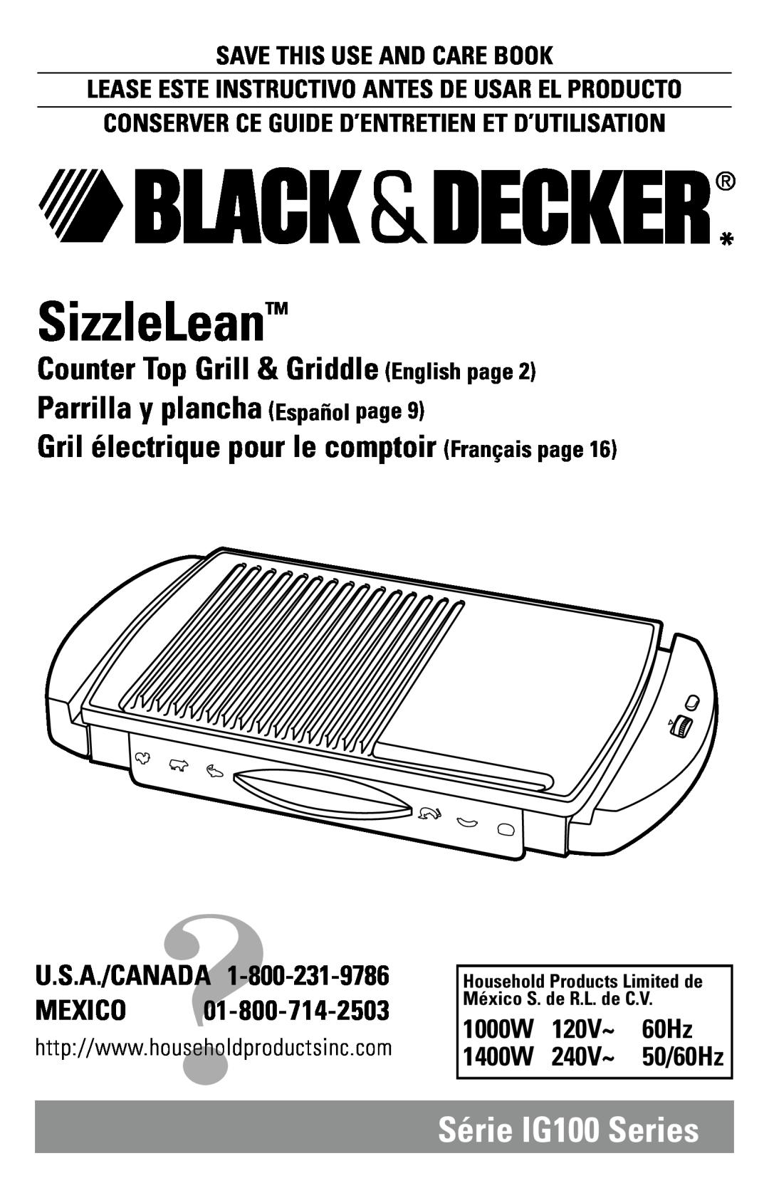 Black & Decker manual Série IG100 Series, Save This Use And Care Book, Conserver Ce Guide D’Entretien Et D’Utilisation 