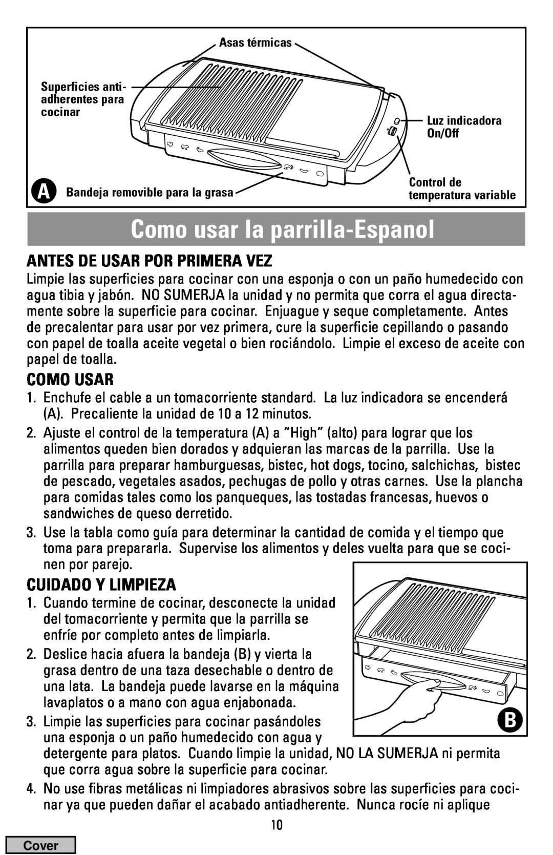 Black & Decker IG100 manual Como usar la parrilla-Espanol, Antes De Usar Por Primera Vez, Como Usar, Cuidado Y Limpieza 