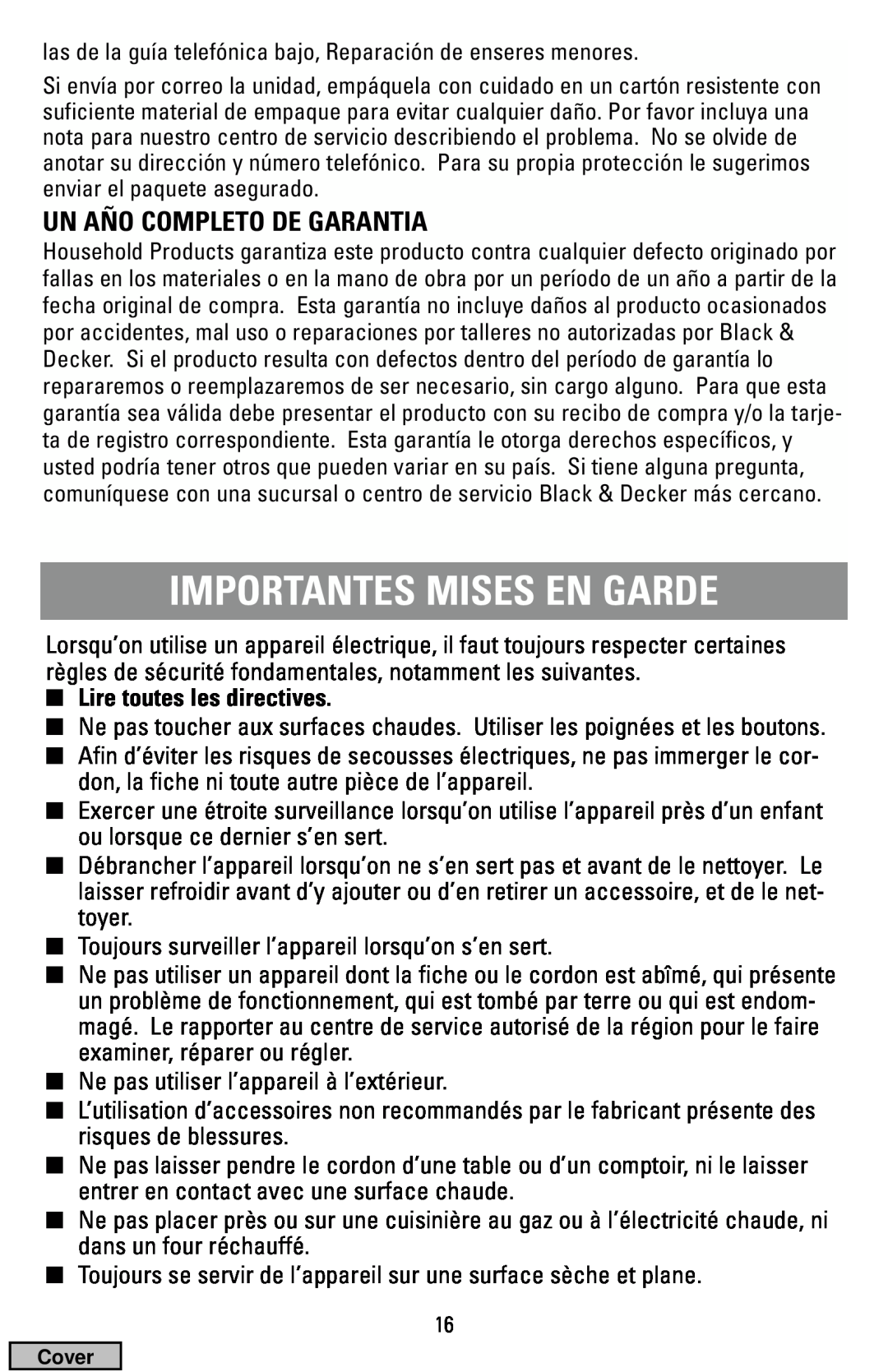 Black & Decker IG100 manual Importantes Mises En Garde, Un Año Completo De Garantia, Lire toutes les directives 