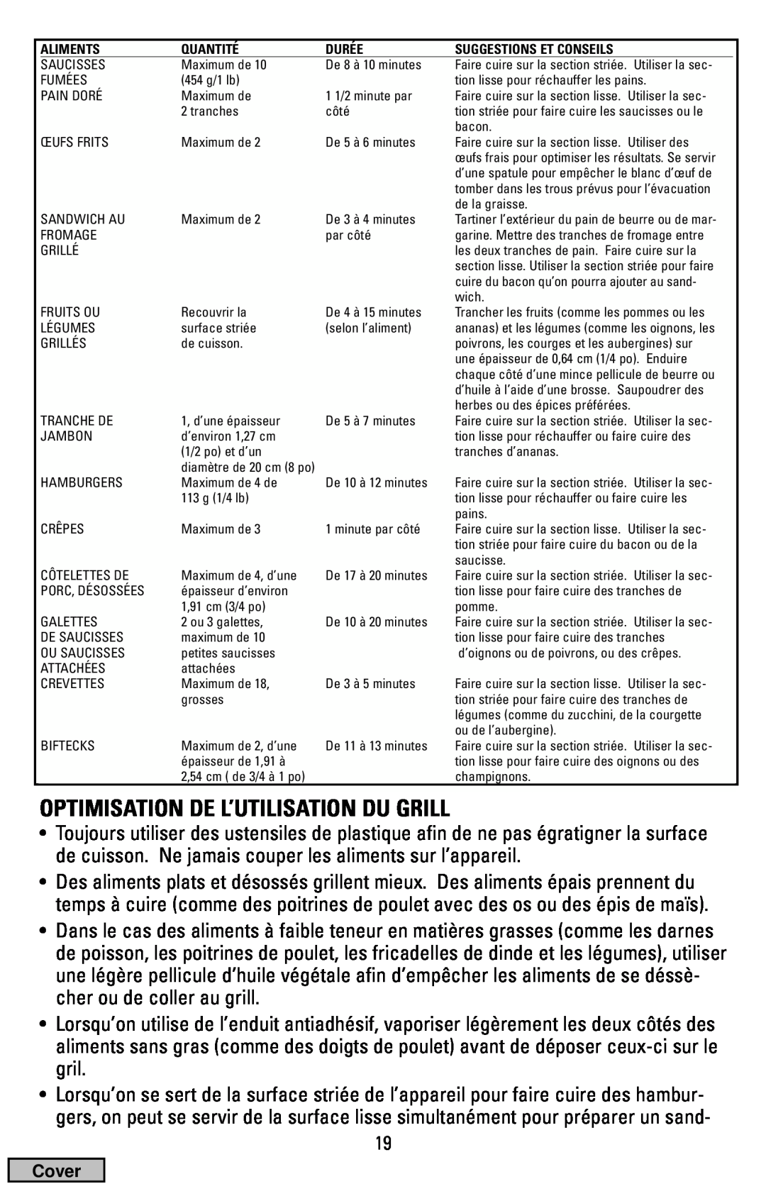 Black & Decker IG100 manual Optimisation De L’Utilisation Du Grill 
