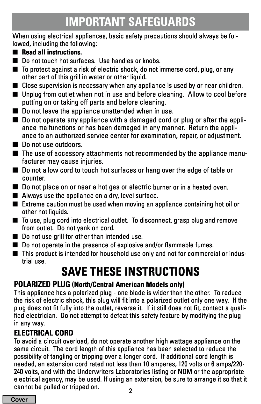 Black & Decker IG100 manual Important Safeguards, Save These Instructions, Electrical Cord 