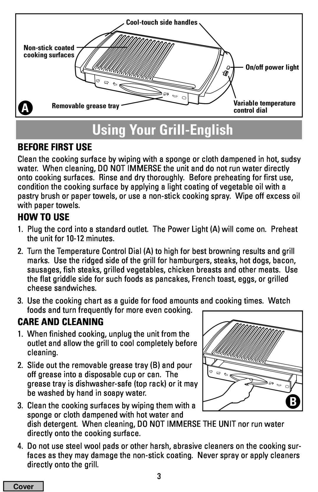 Black & Decker IG100 manual Using Your Grill-English, Before First Use, How To Use, Care And Cleaning 
