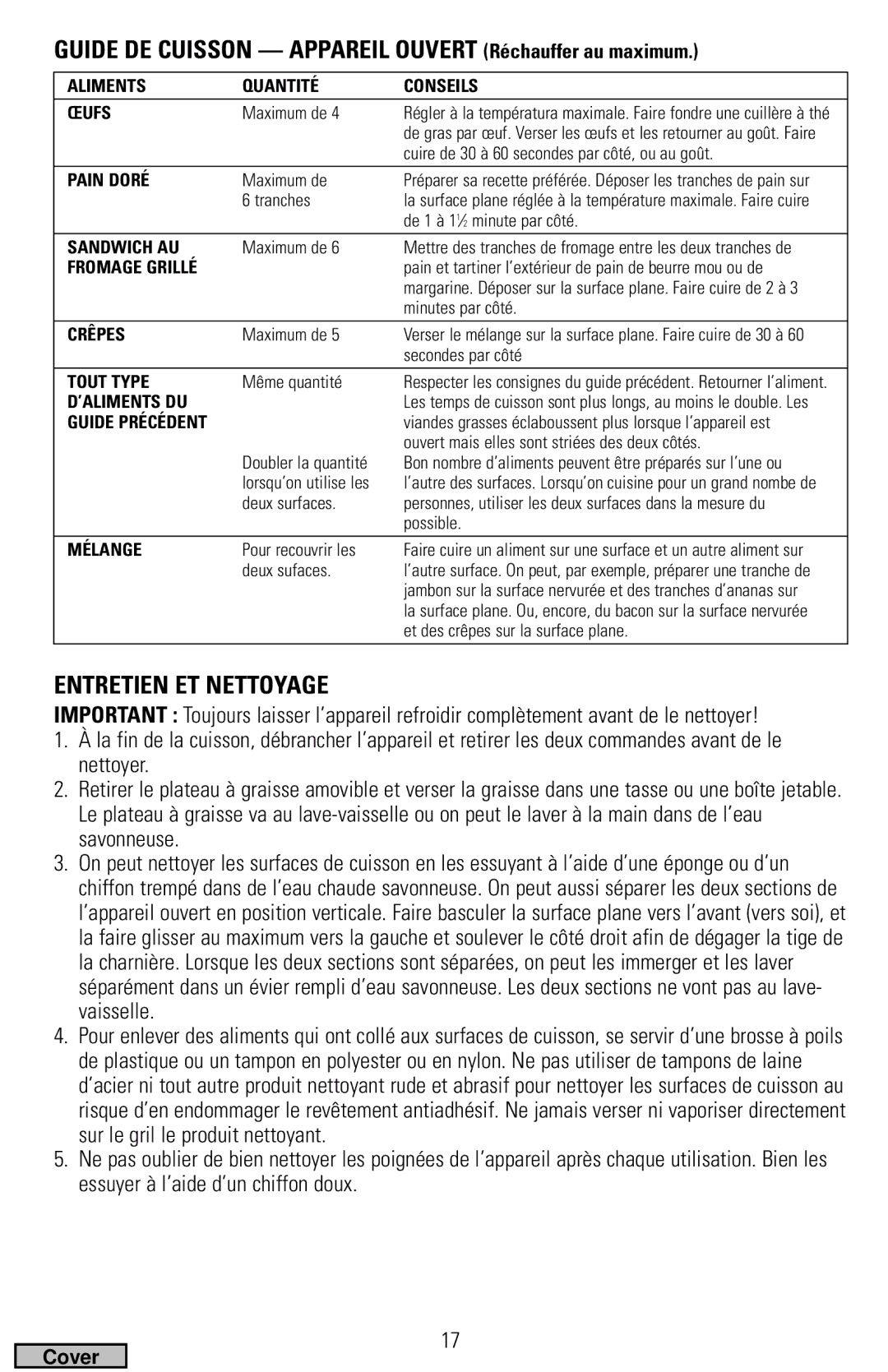 Black & Decker IG200 Series manual Guide DE Cuisson Appareil Ouvert Réchauffer au maximum, Entretien ET Nettoyage 