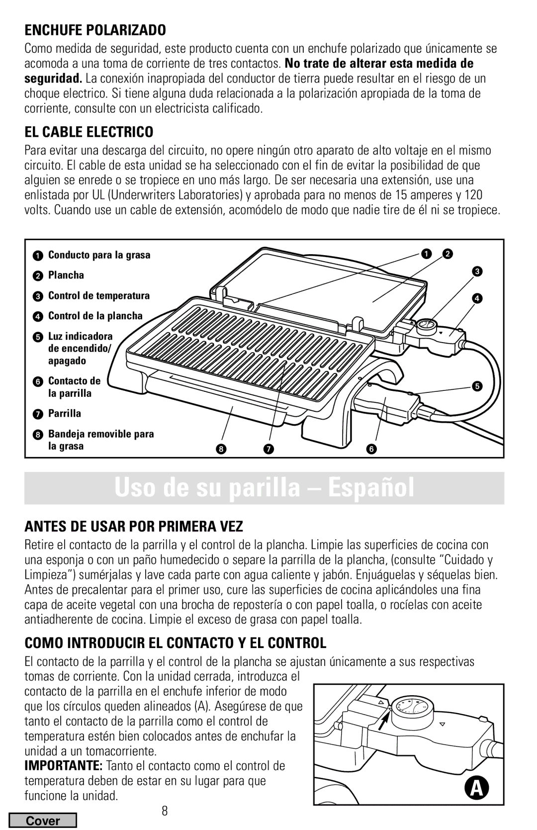 Black & Decker IG200 Series manual Uso de su parilla Español, Enchufe Polarizado, EL Cable Electrico 