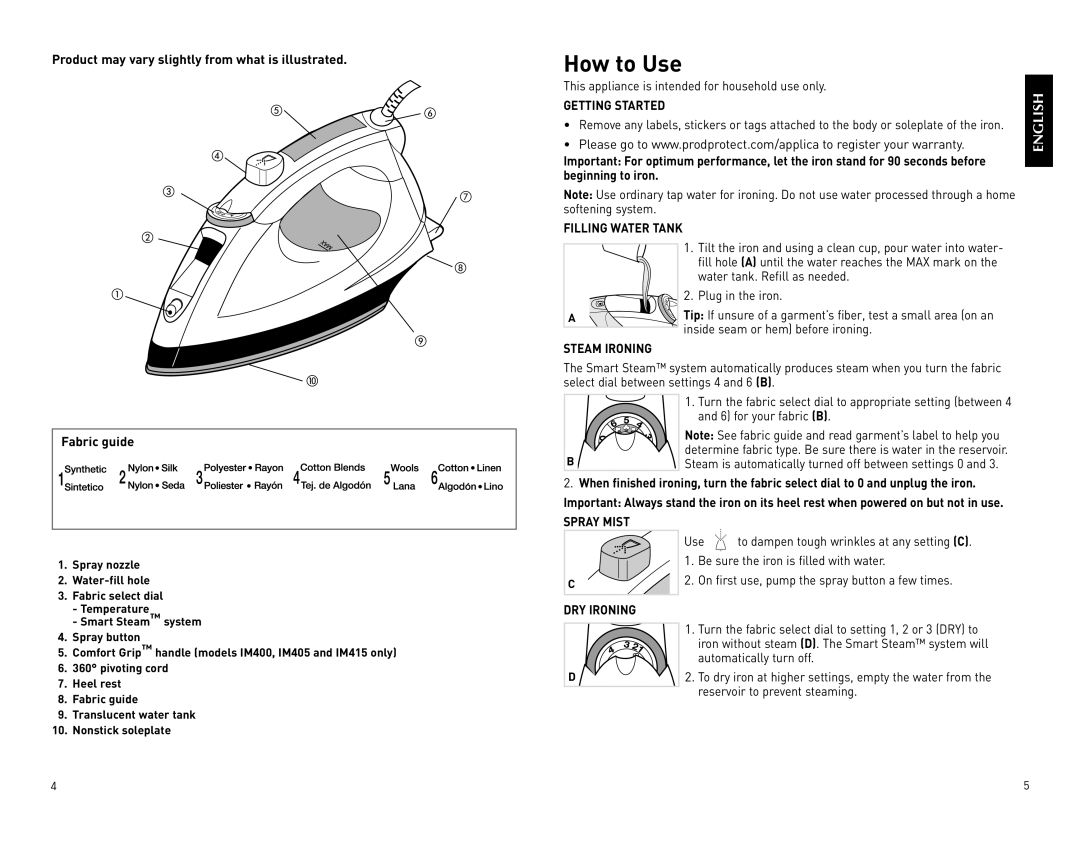 Black & Decker IM305, IM415, IM405 How to Use, Getting Started, Filling Water Tank, Steam Ironing, Spray Mist DRY Ironing 