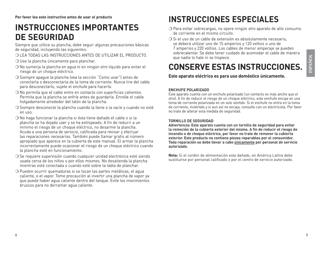 Black & Decker IM415, IM405, IM320, IM305, IM315 manual Instrucciones Especiales 