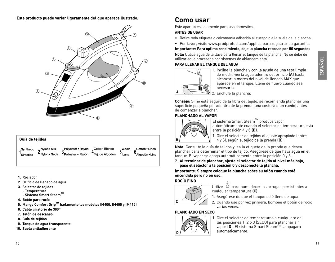 Black & Decker IM405, IM415 Como usar, Para Llenar EL Tanque DEL Agua, Planchado AL Vapor, Rocío Fino, Planchado EN Seco 