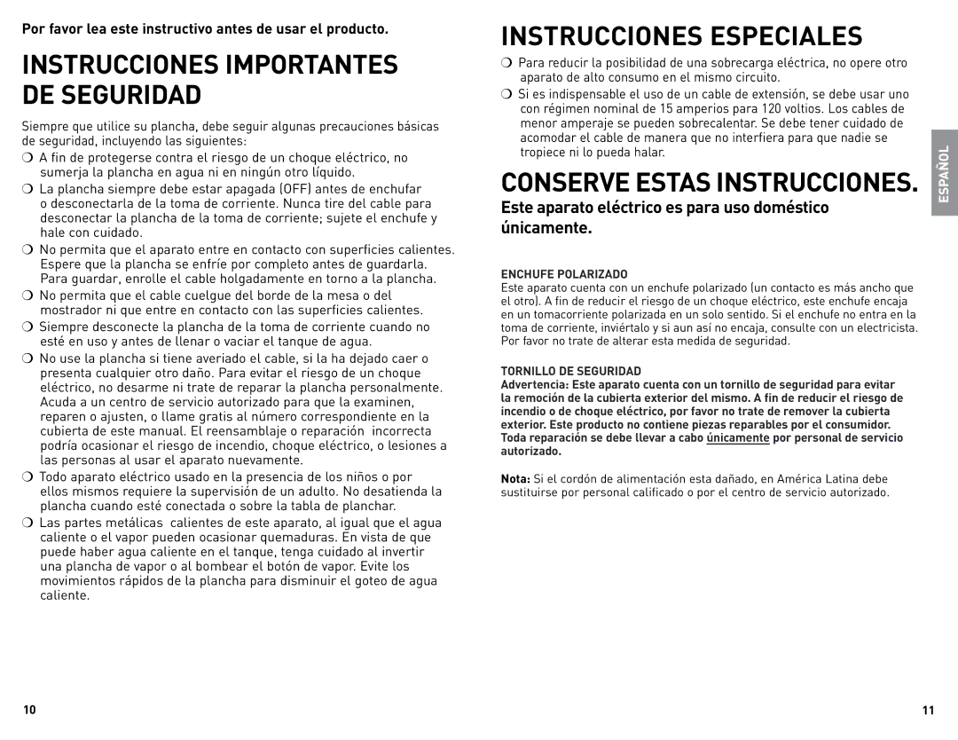 Black & Decker IR008SNA manual Instrucciones Especiales 