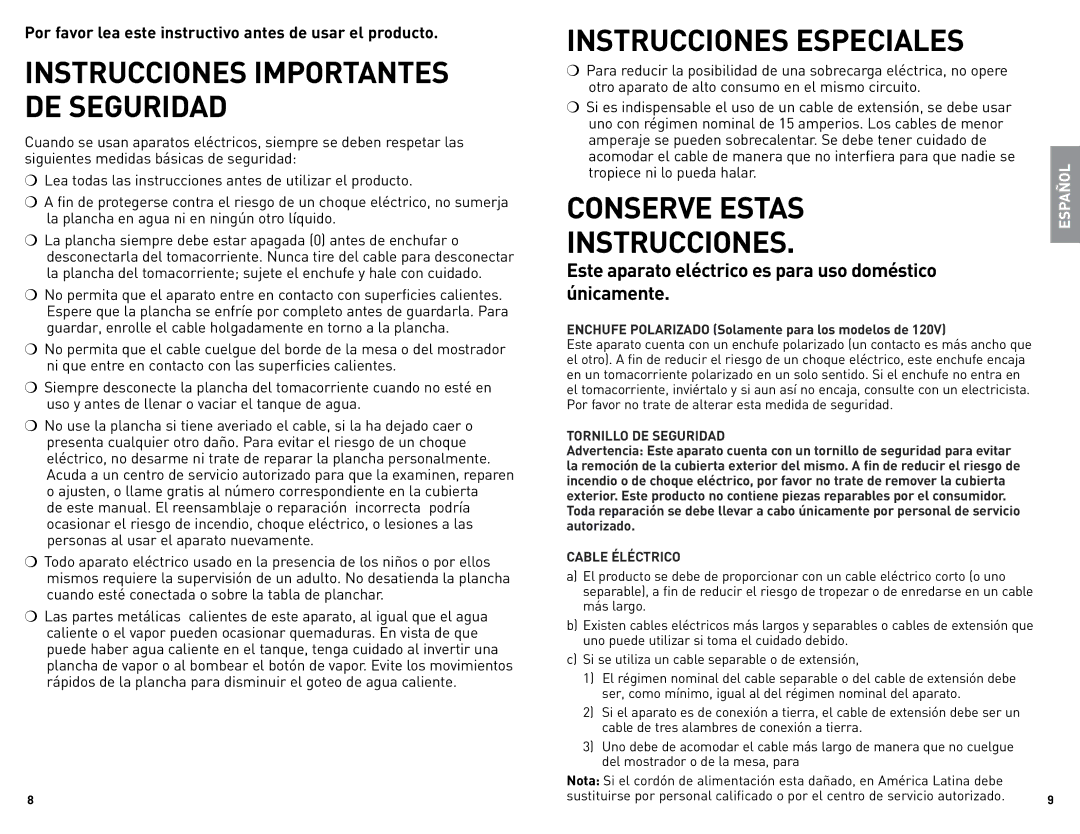 Black & Decker IR1925W manual Instrucciones Especiales 