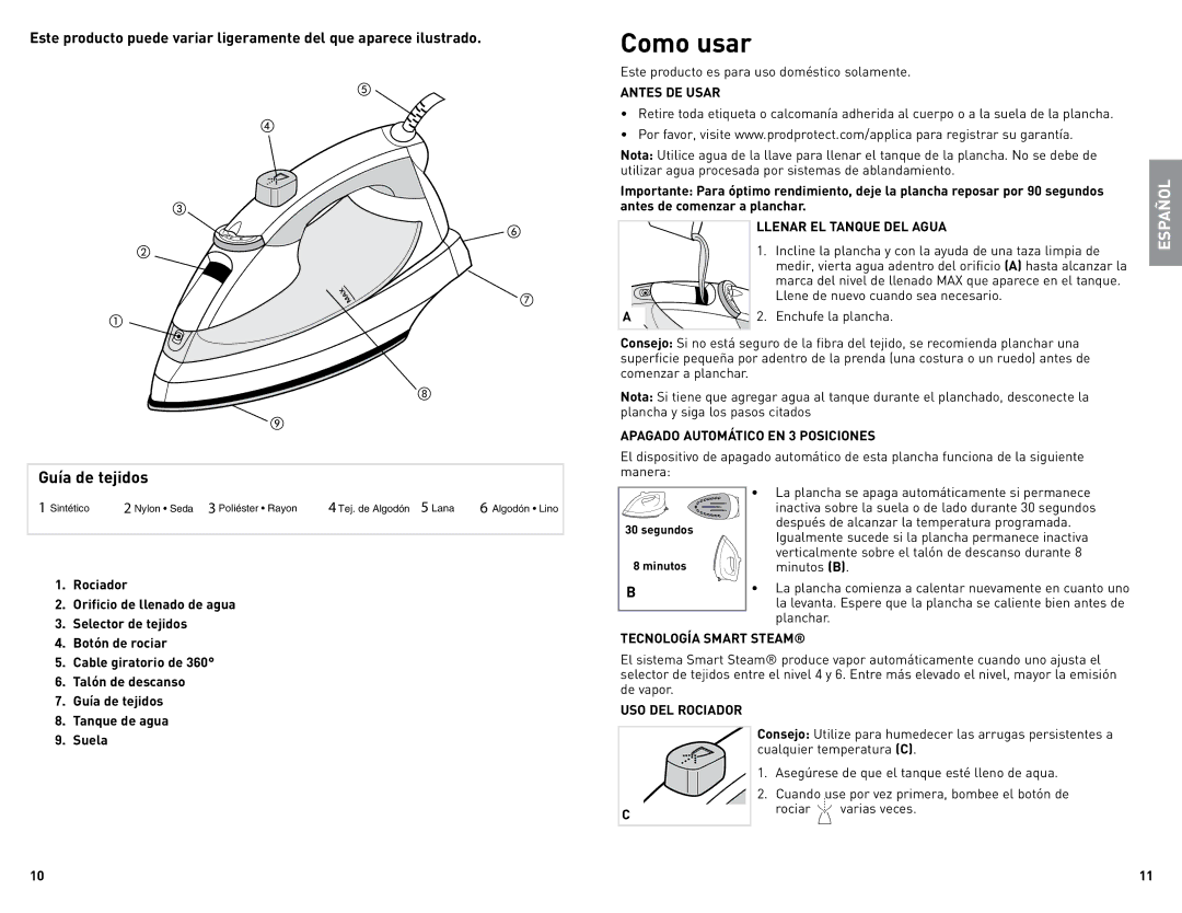 Black & Decker IR1925W manual Como usar, Guía de tejidos 