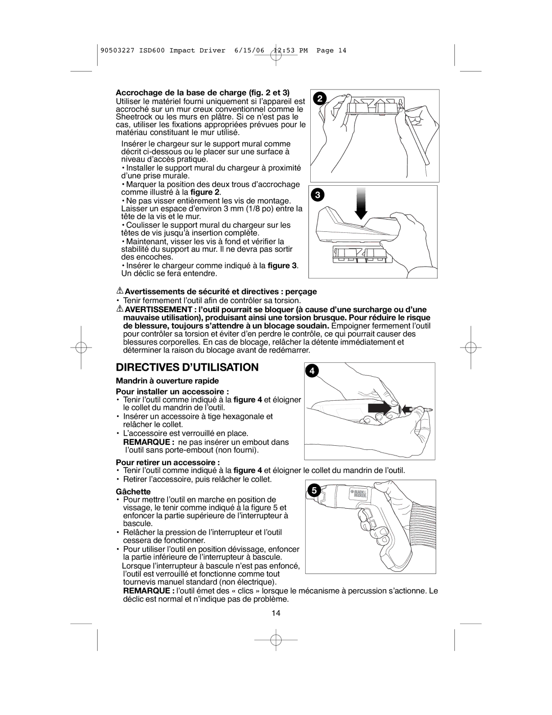 Black & Decker ISD600, 90503227 instruction manual Directives D’UTILISATION 