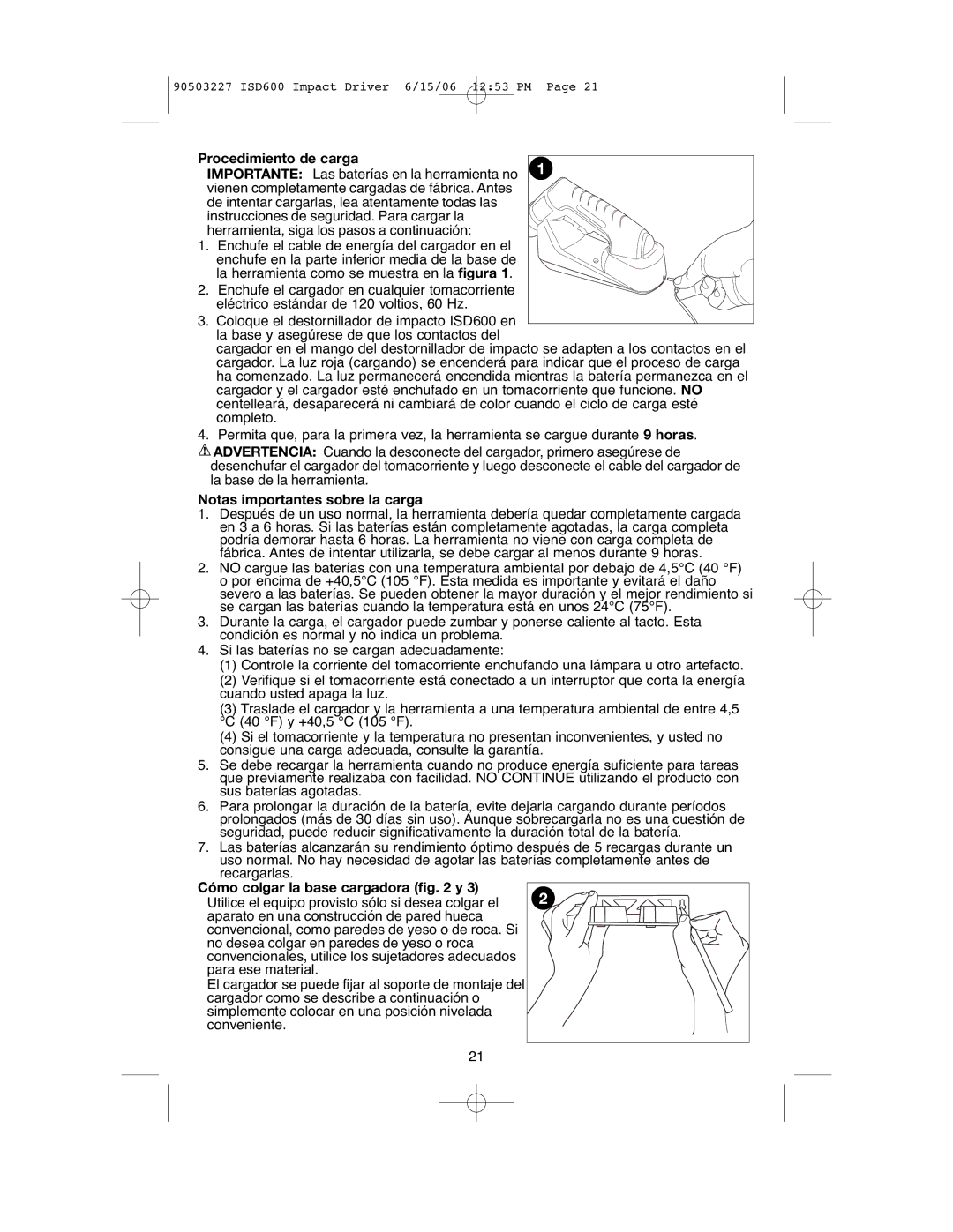 Black & Decker 90503227, ISD600 Procedimiento de carga, Notas importantes sobre la carga, Cómo colgar la base cargadora y 