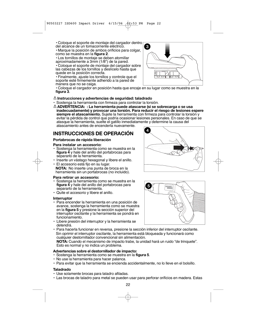Black & Decker ISD600, 90503227 instruction manual Instrucciones DE Operación 