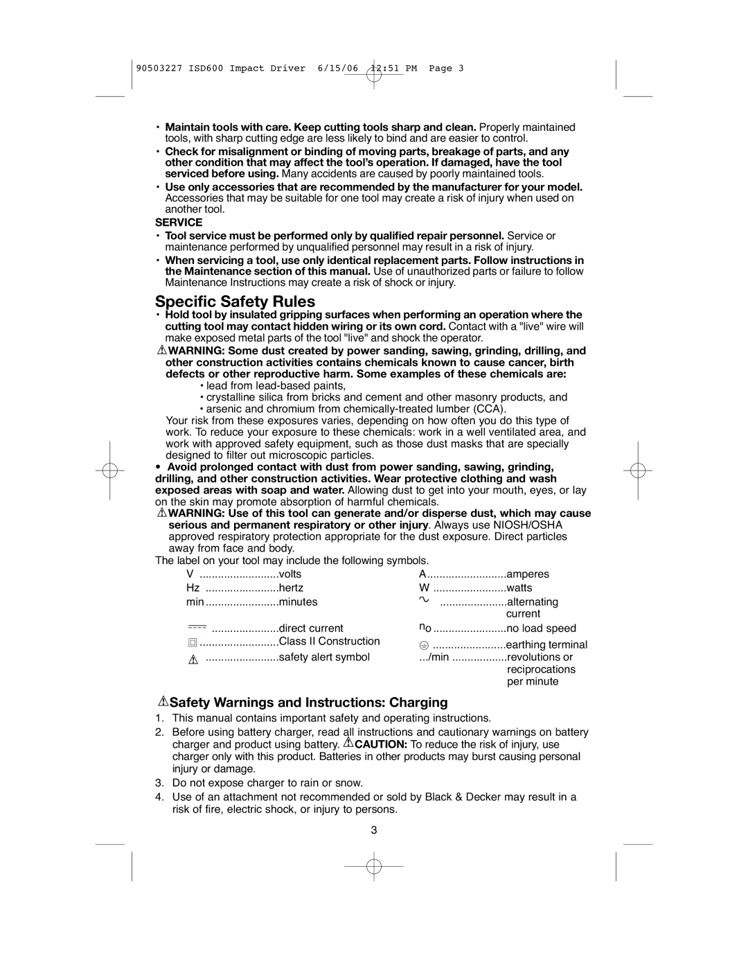 Black & Decker 90503227, ISD600 instruction manual Safety Warnings and Instructions Charging, Service 