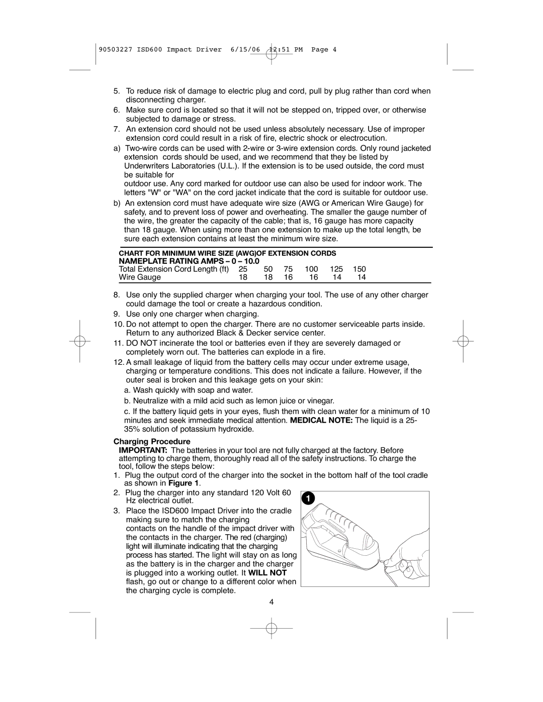 Black & Decker ISD600, 90503227 instruction manual Nameplate Rating Amps 0, Charging Procedure 