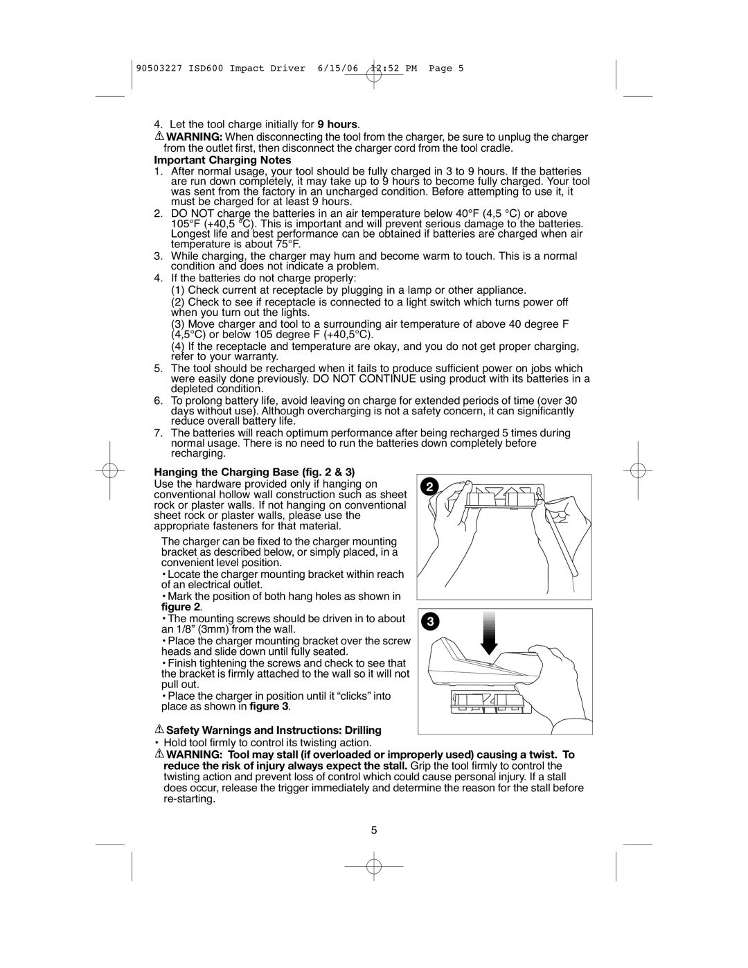 Black & Decker 90503227 Important Charging Notes, Hanging the Charging Base, Safety Warnings and Instructions Drilling 