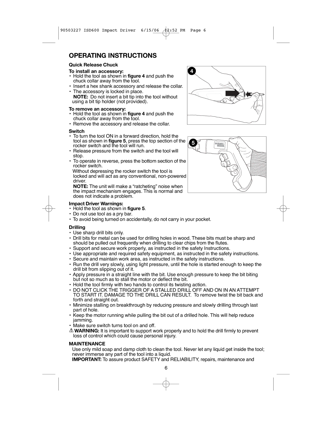 Black & Decker ISD600, 90503227 instruction manual Operating Instructions, Maintenance 