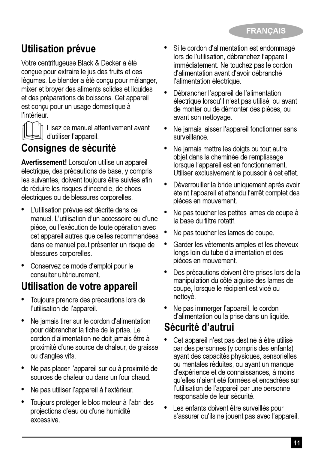 Black & Decker JBGM600-B5 Utilisation prévue, Consignes de sécurité, Utilisation de votre appareil, Sécurité d’autrui 