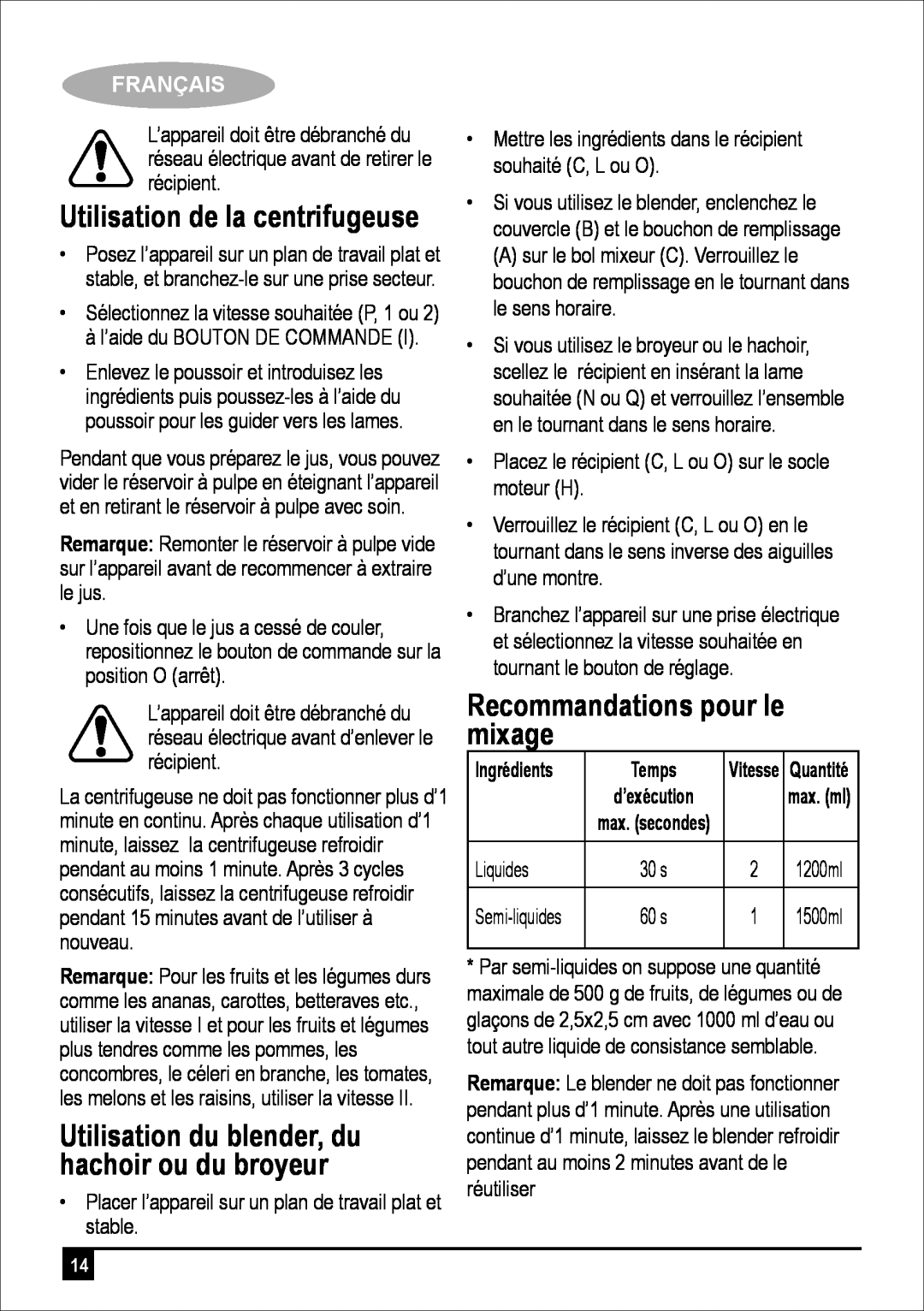 Black & Decker JBGM600-B5 manual Recommandations pour le mixage, Utilisation de la centrifugeuse, Français, Temps 
