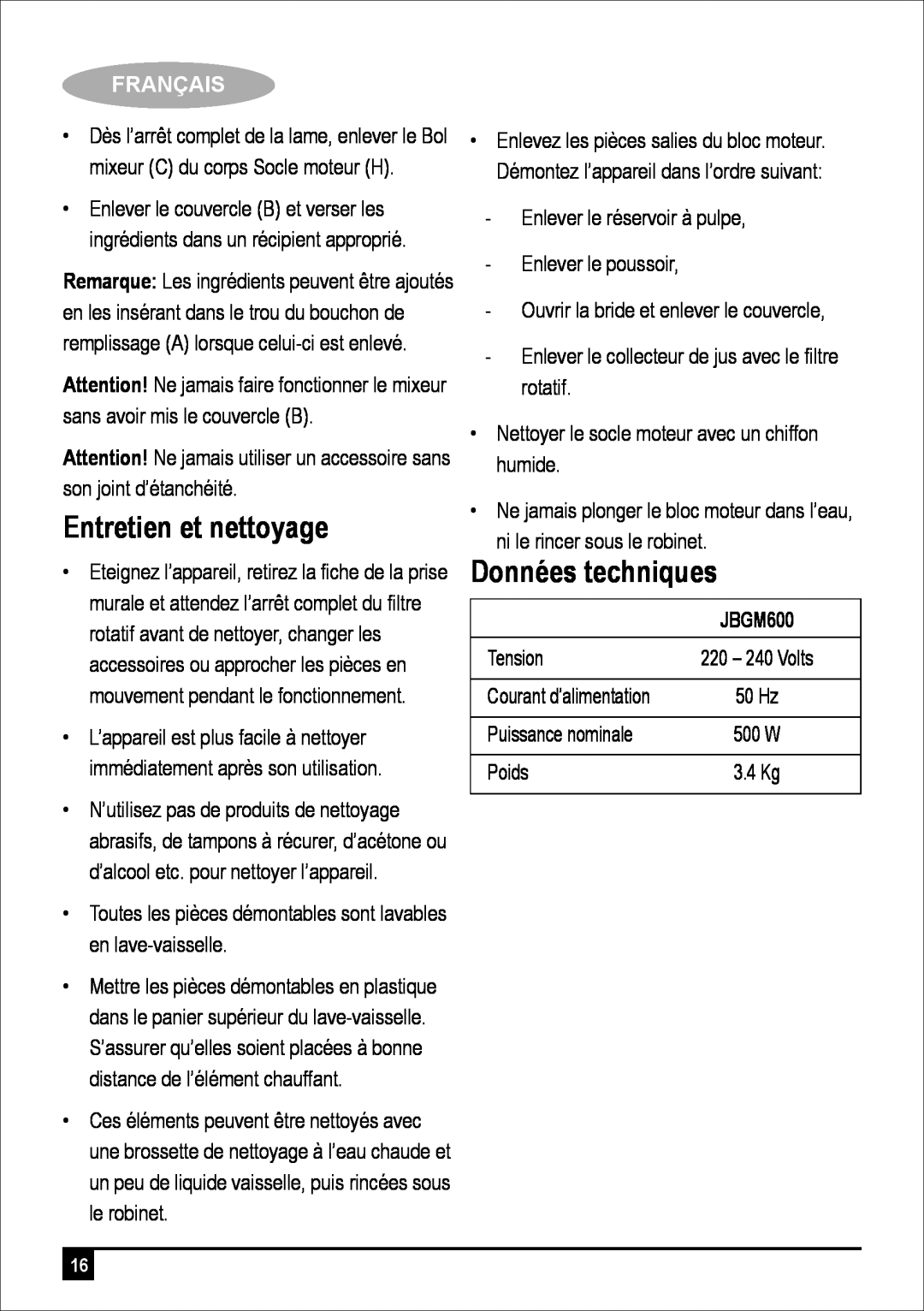 Black & Decker JBGM600-B5 manual Entretien et nettoyage, Données techniques, Français 