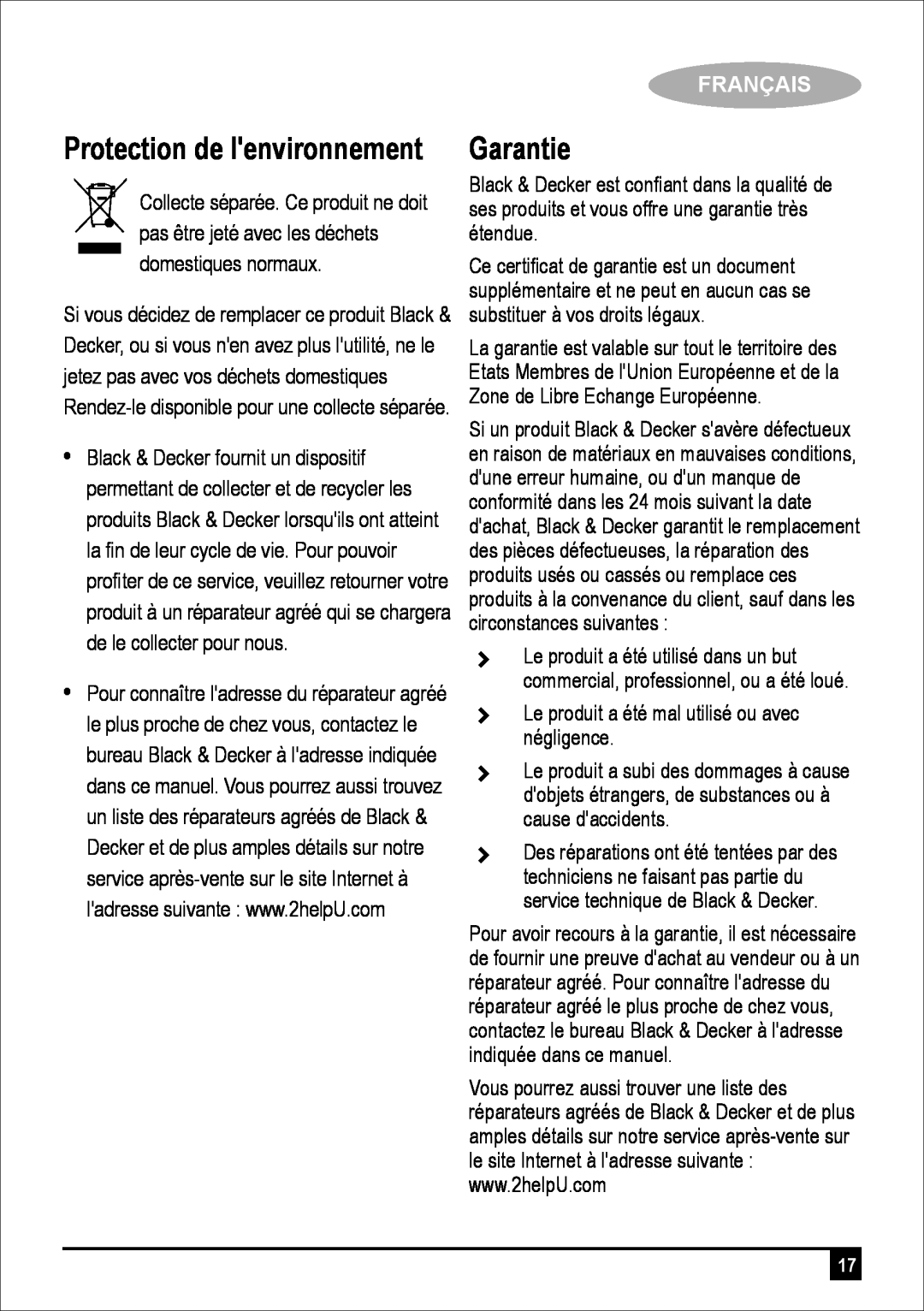 Black & Decker JBGM600-B5 manual Garantie, Protection de lenvironnement, Français 