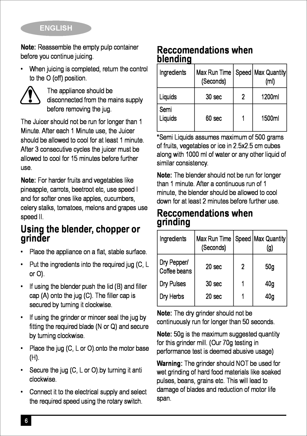 Black & Decker JBGM600-B5 manual Using the blender, chopper or grinder, Reccomendations when blending, English 