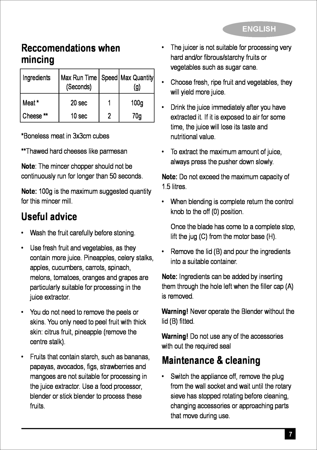 Black & Decker JBGM600-B5 manual Reccomendations when mincing, Useful advice, Maintenance & cleaning, English 