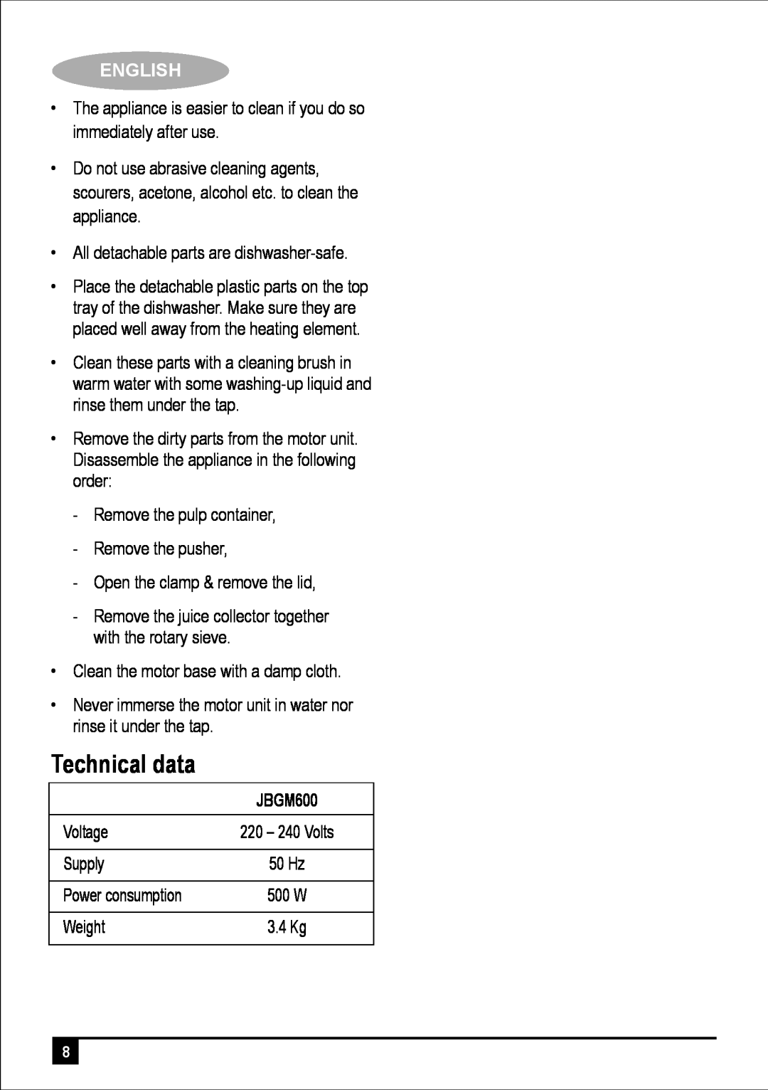Black & Decker JBGM600-B5 manual Technical data, English 