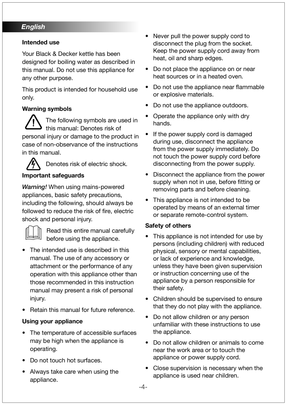 Black & Decker JC100 manual Intended use, Important safeguards, Using your appliance, Safety of others 