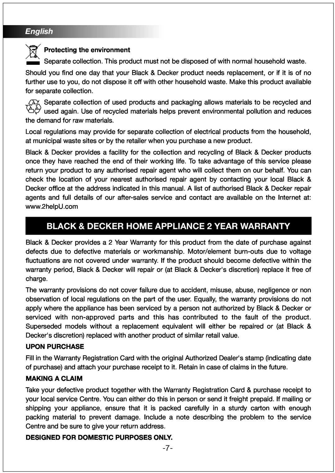 Black & Decker JC100 BLACK & DECKER HOME APPLIANCE 2 YEAR WARRANTY, English, Protecting the environment, Upon Purchase 
