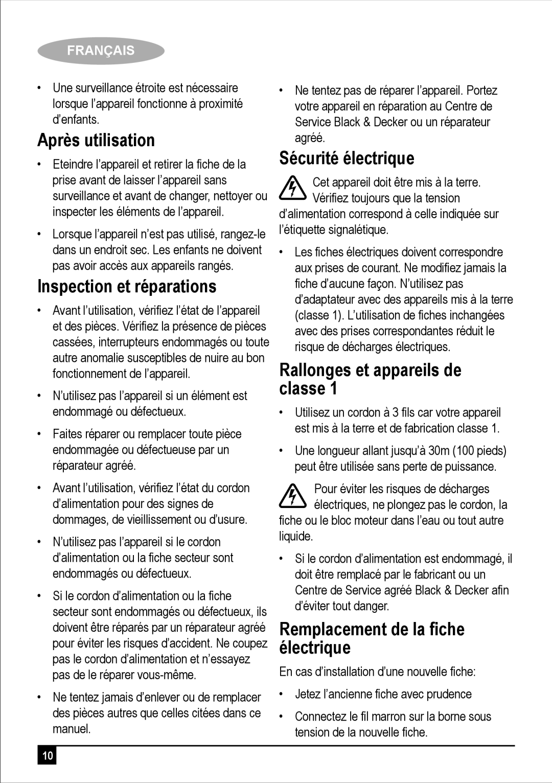 Black & Decker JC120 Après utilisation, Inspection et réparations, Sécurité électrique, Rallonges et appareils de classe 