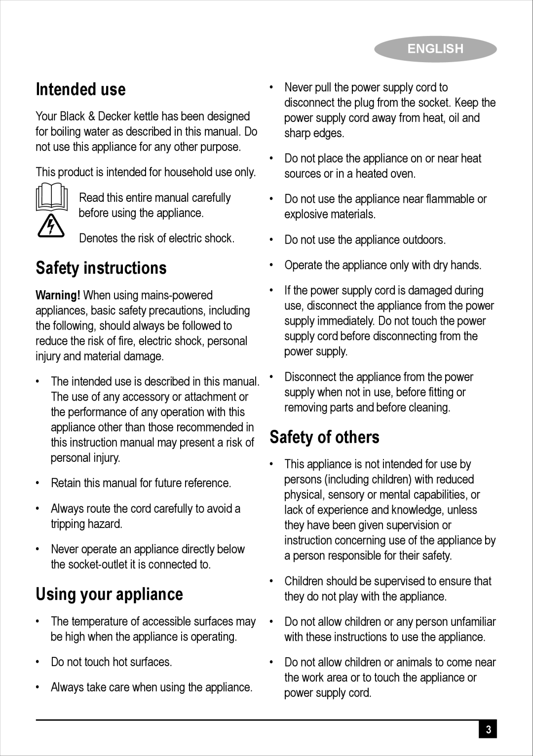 Black & Decker JC120 manual Intended use, Safety instructions, Using your appliance, Safety of others 