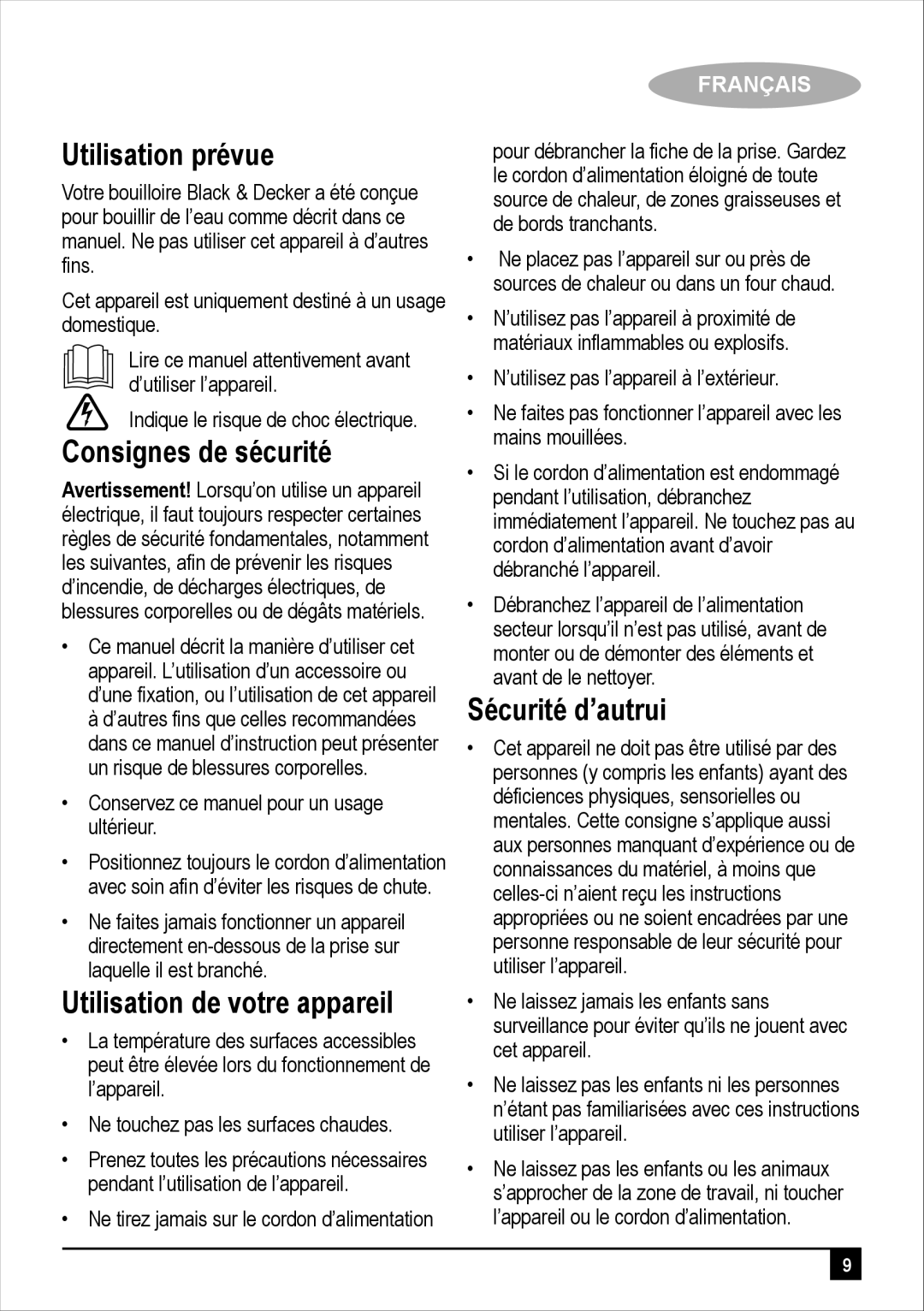 Black & Decker JC120 manual Utilisation prévue, Consignes de sécurité, Utilisation de votre appareil, Sécurité d’autrui 