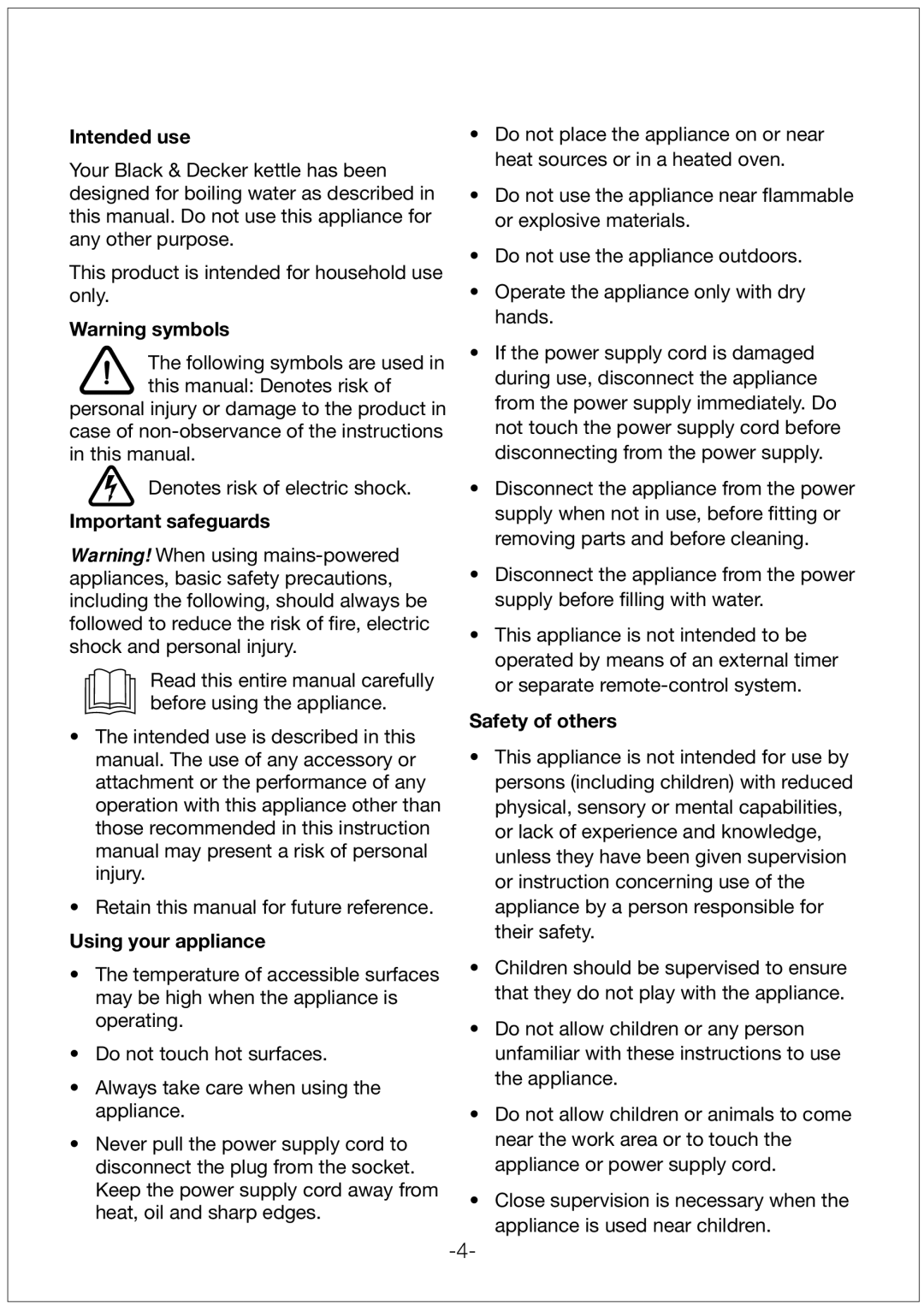 Black & Decker JC200 manual Intended use, Important safeguards, Using your appliance, Safety of others 