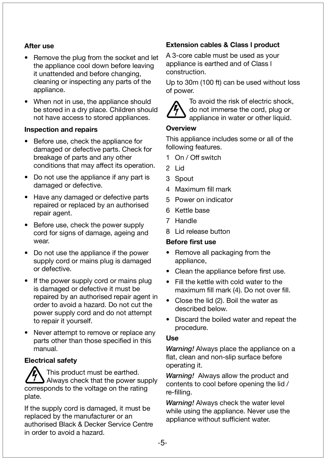 Black & Decker JC200 After use, Inspection and repairs, Electrical safety, Extension cables & Class l product, Overview 