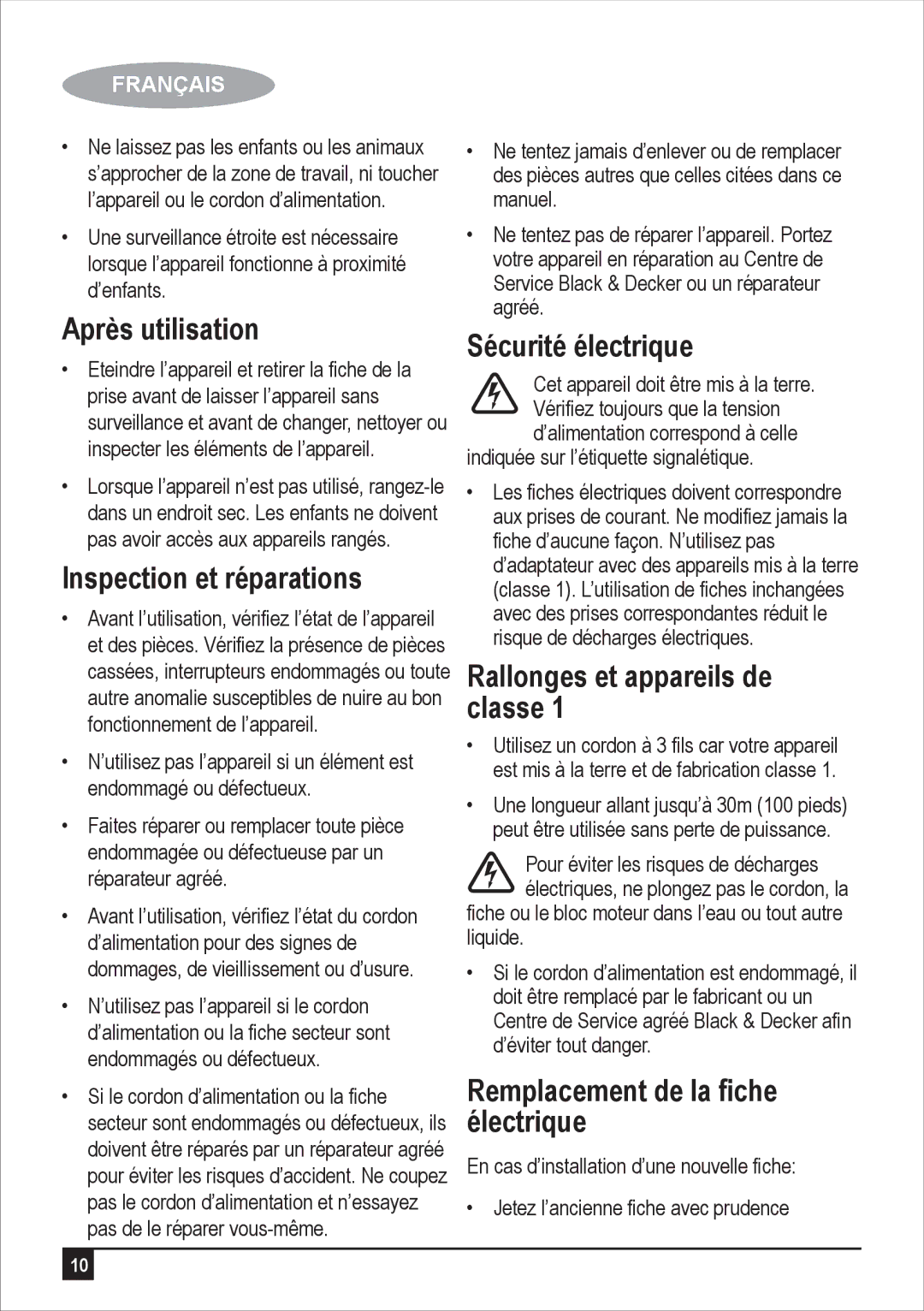 Black & Decker JC400 Après utilisation, Inspection et réparations, Sécurité électrique, Rallonges et appareils de classe 