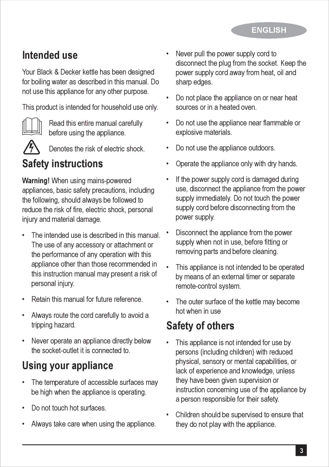 Black & Decker JC400 manual Intended use, Safety instructions, Using your appliance, Safety of others 