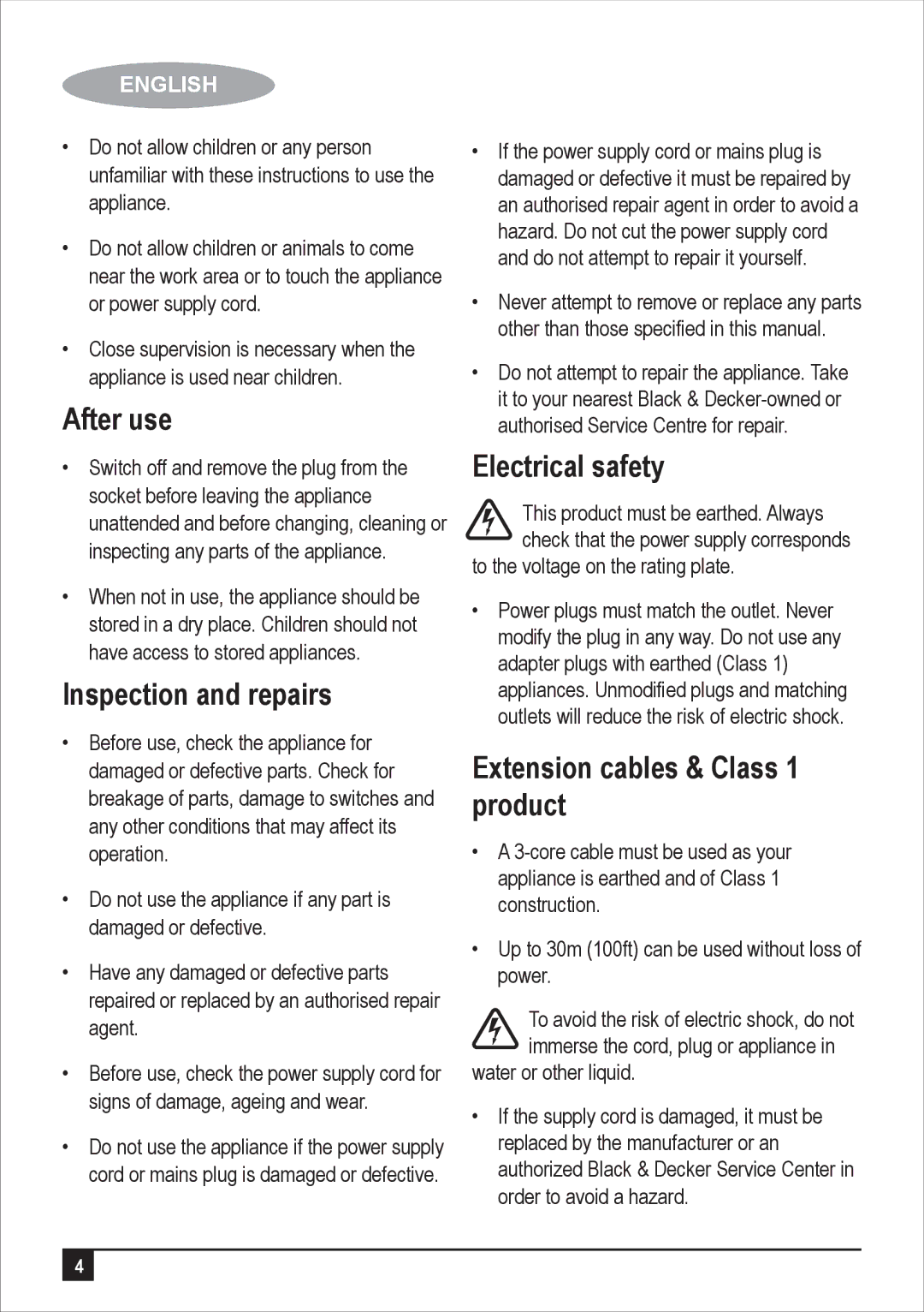 Black & Decker JC400 manual After use, Inspection and repairs, Electrical safety, Extension cables & Class 1 product 