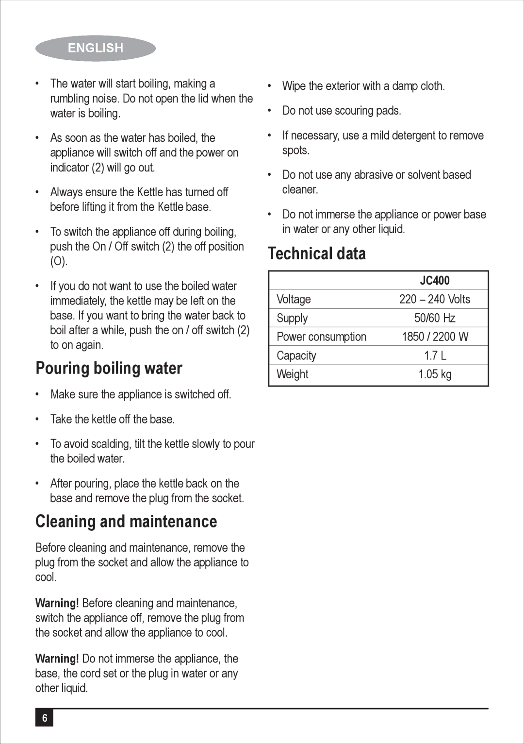 Black & Decker JC400 manual Pouring boiling water, Cleaning and maintenance, Technical data 