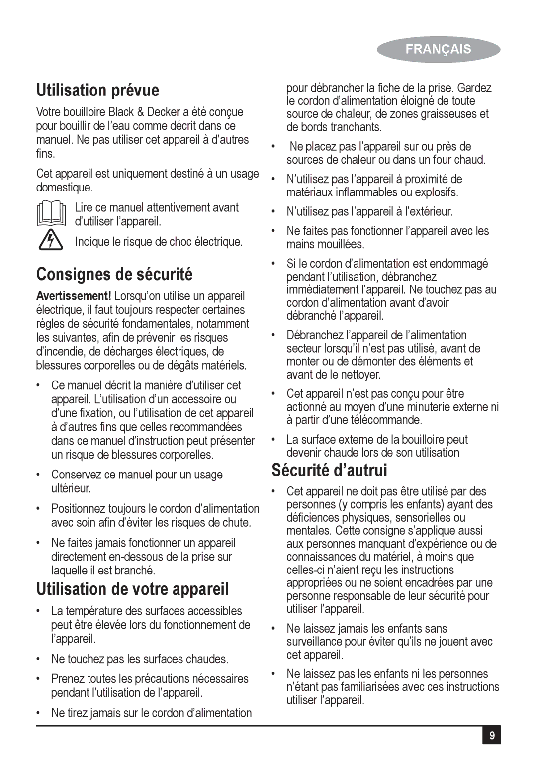 Black & Decker JC400 manual Utilisation prévue, Consignes de sécurité, Utilisation de votre appareil, Sécurité d’autrui 