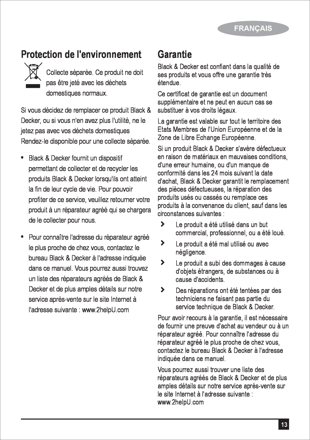 Black & Decker JC400 manual Protection de lenvironnement, Garantie, Français 