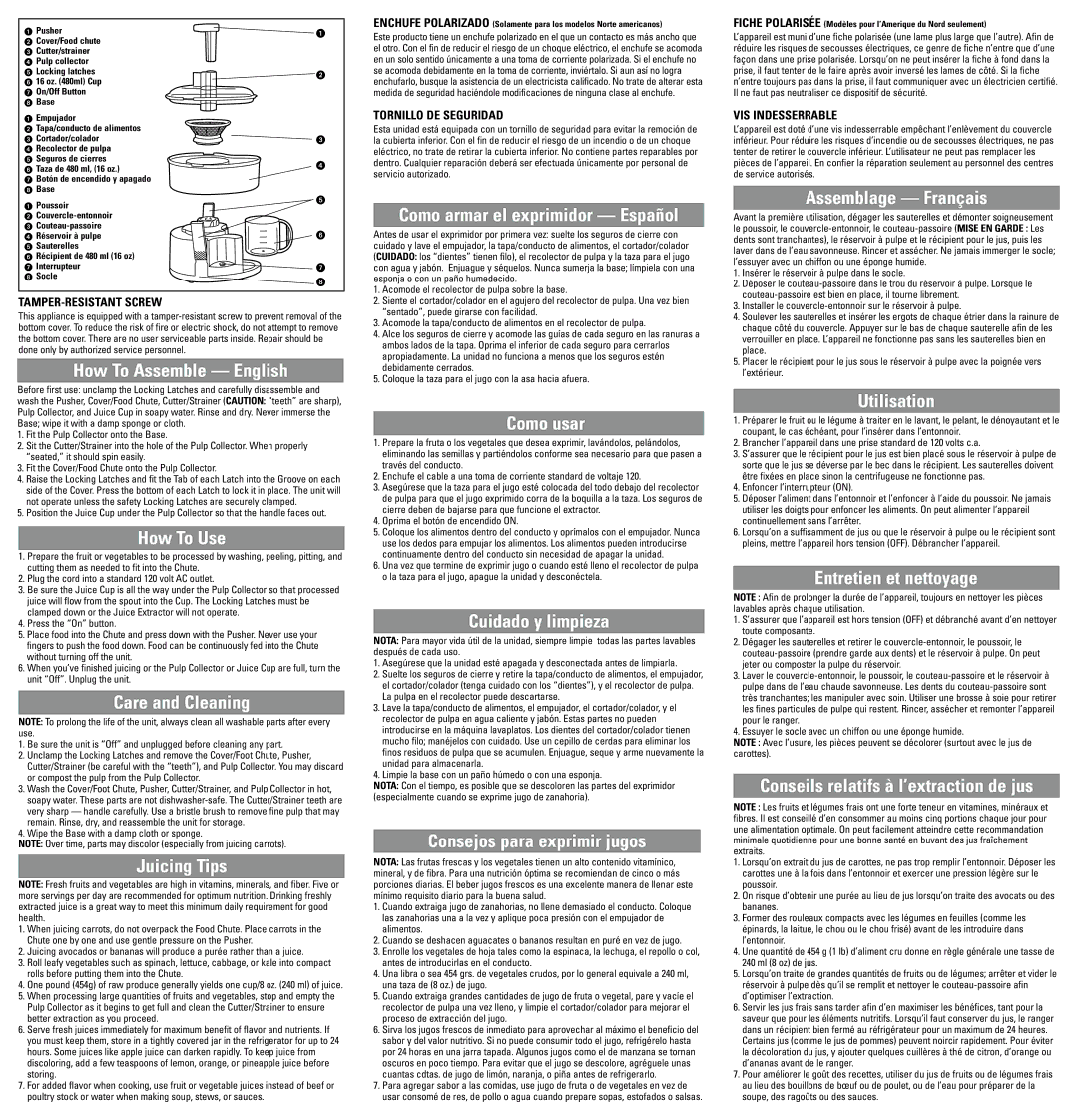 Black & Decker JE1200 Series How To Assemble English, How To Use, Care and Cleaning, Juicing Tips, Como usar, Utilisation 