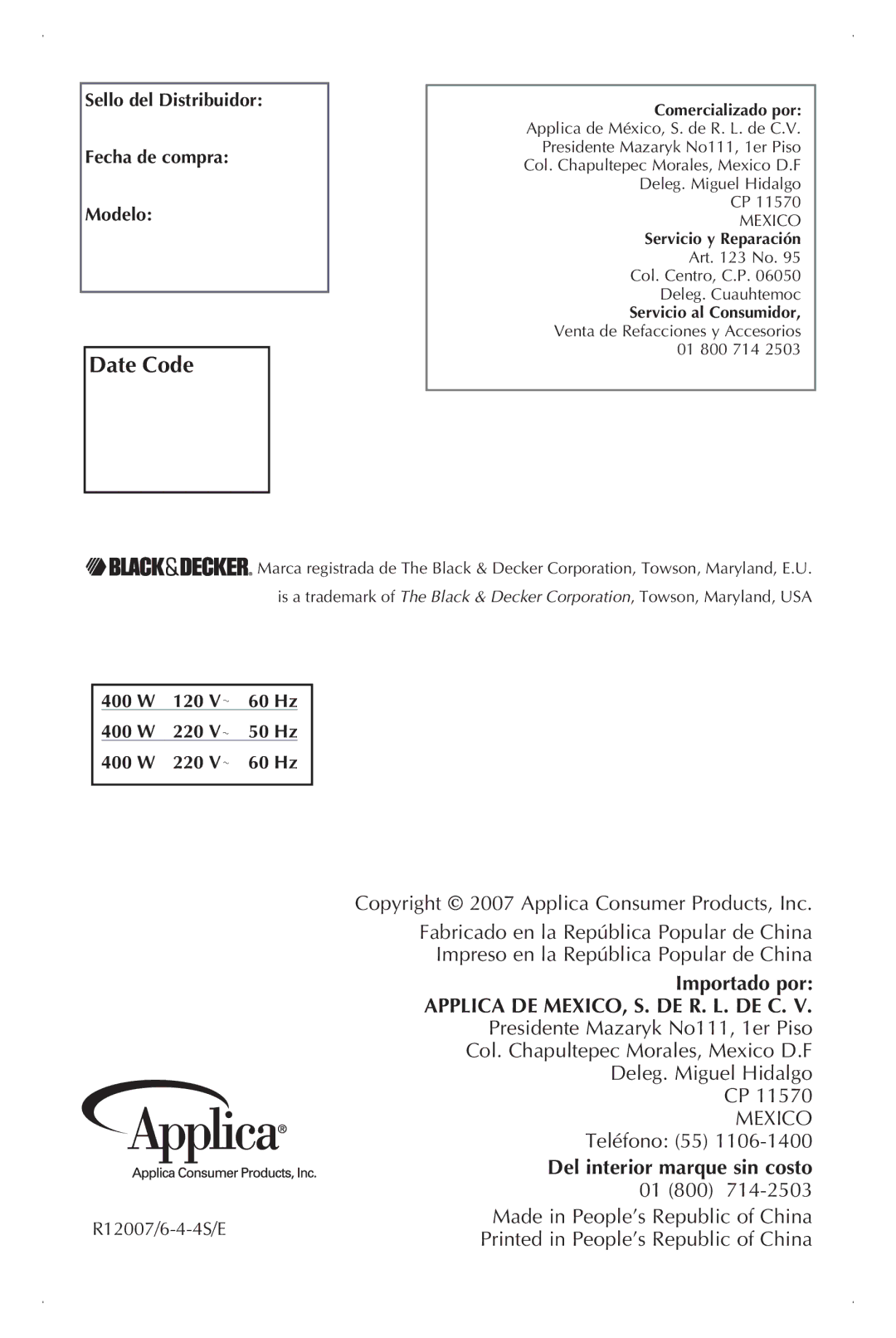 Black & Decker JE2001 manual Importado por, Del interior marque sin costo 