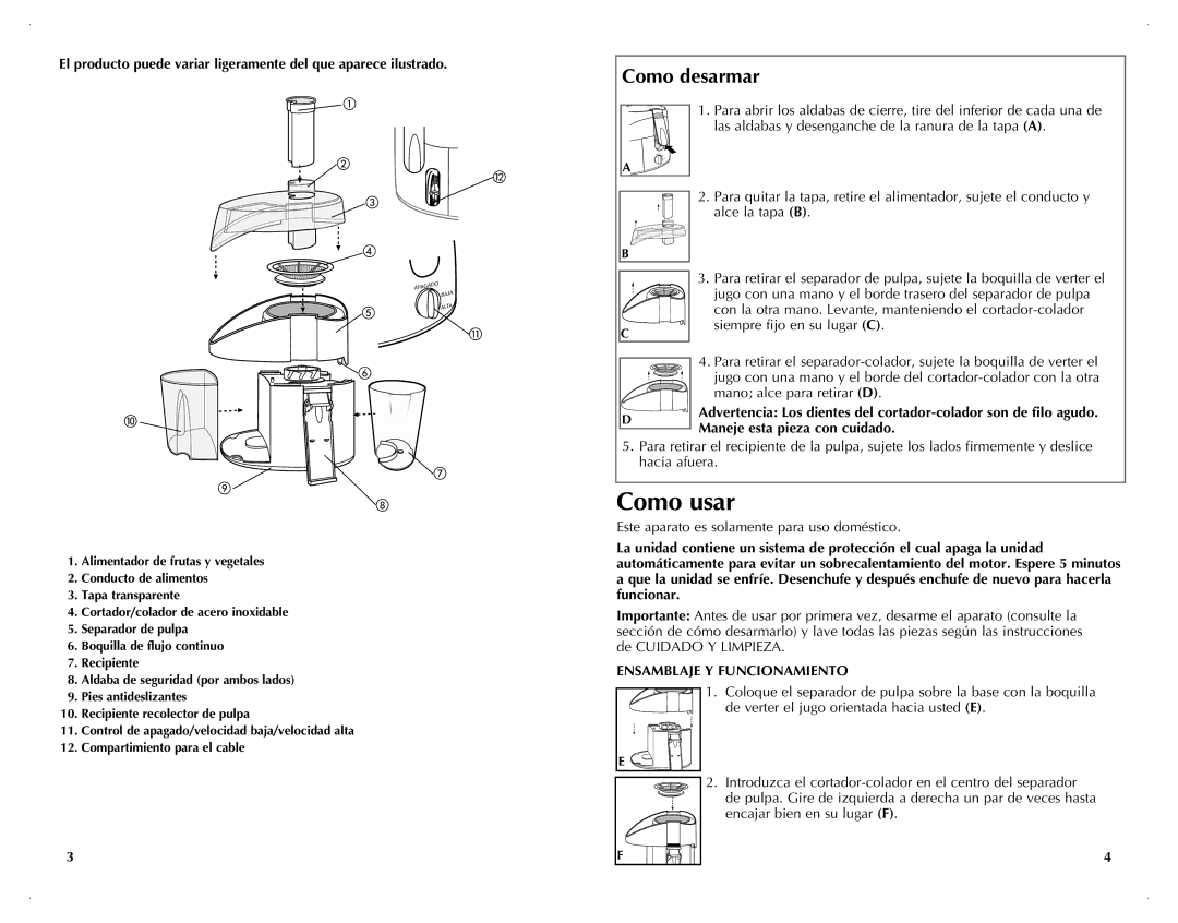 Black & Decker JE2001 manual Como usar, Ensamblaje y funcionamiento 